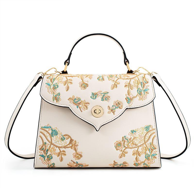 2025 Chinese-Inspired Embroidered Handbag – Elegant Camellia Motif in Genuine Leather